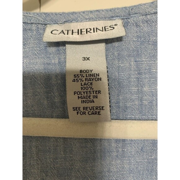 Catherines Linen Blend Chambray Blue & Crochet Lace Open Cardigan Size 3X (X26) - Picture 4 of 9